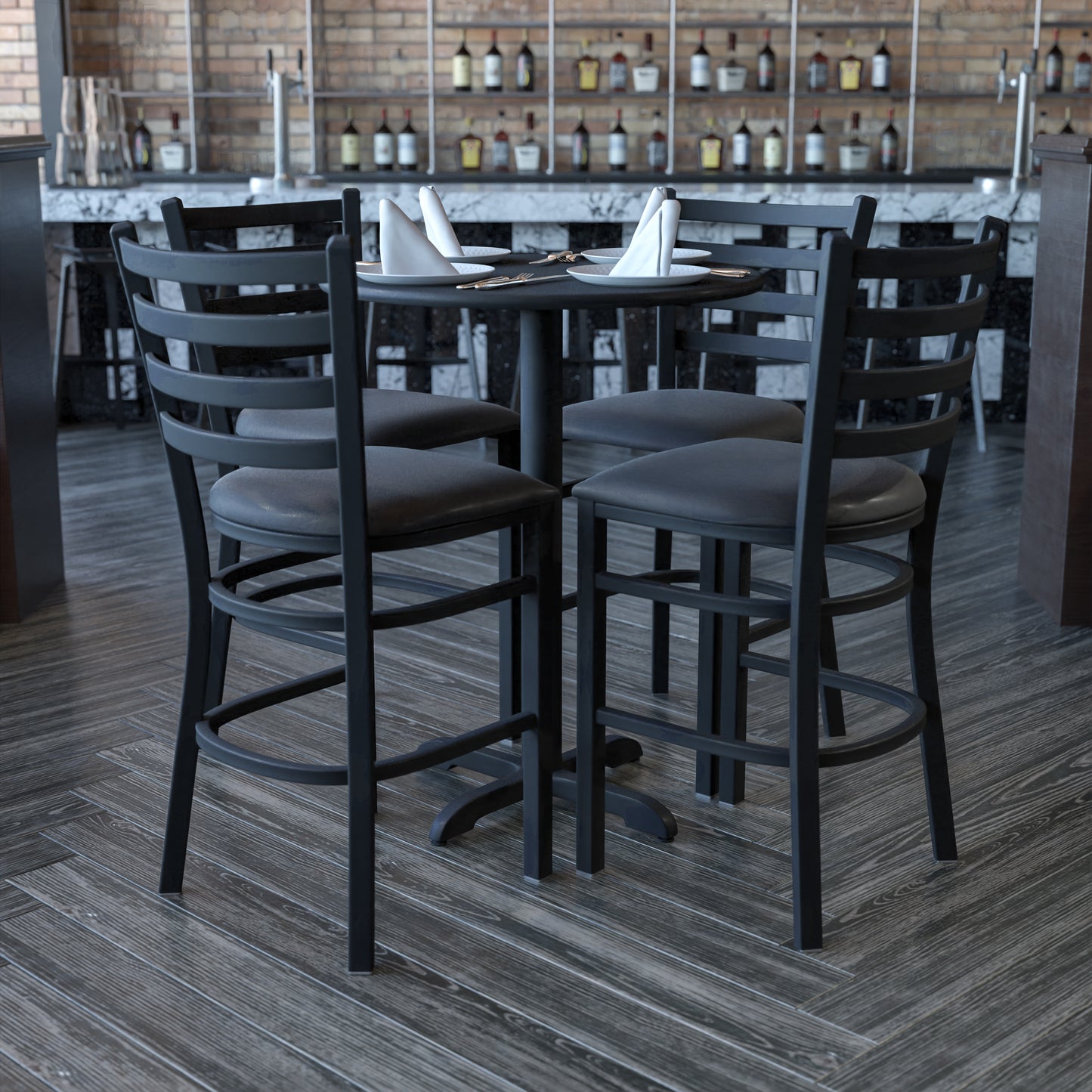 Carlton 30'' Round Black Laminate Table Set with X-Base and 4 Ladder Back Metal Barstools - Black Vinyl Seat Black Top/Black Vinyl Seat