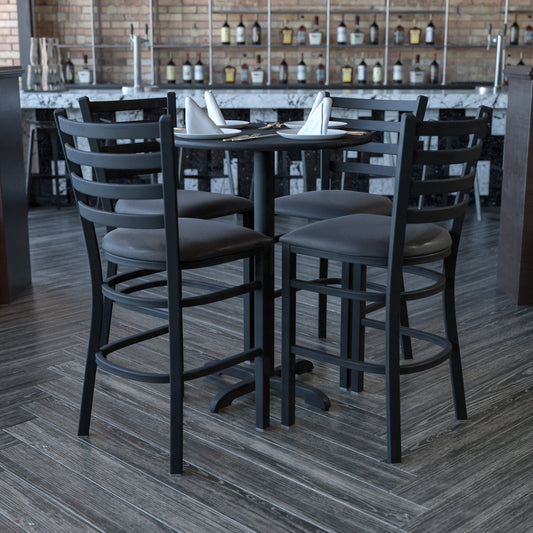 Carlton 30'' Round Black Laminate Table Set with X-Base and 4 Ladder Back Metal Barstools - Black Vinyl Seat Black Top/Black Vinyl Seat