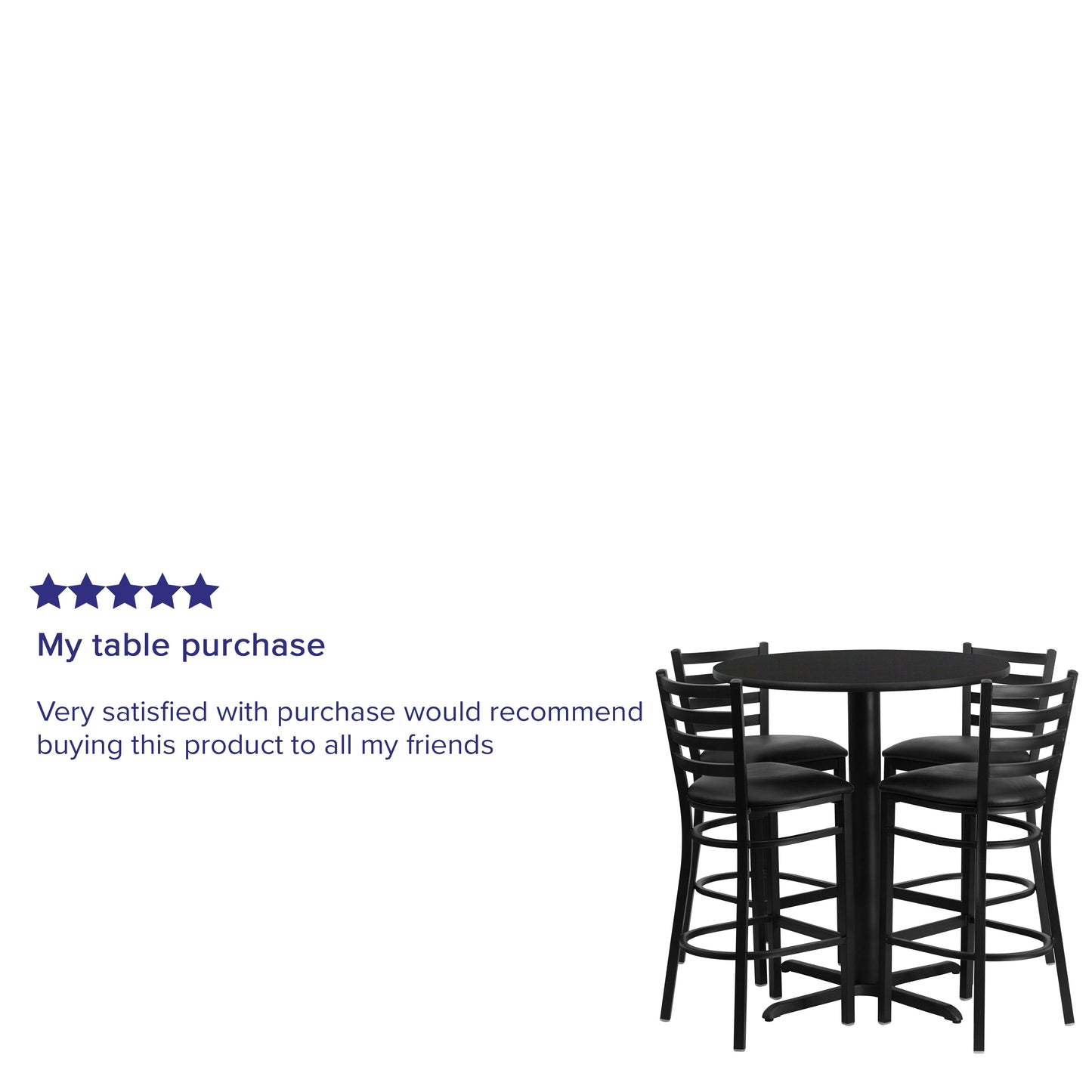 Carlton 30'' Round Black Laminate Table Set with X-Base and 4 Ladder Back Metal Barstools - Black Vinyl Seat Black Top/Black Vinyl Seat