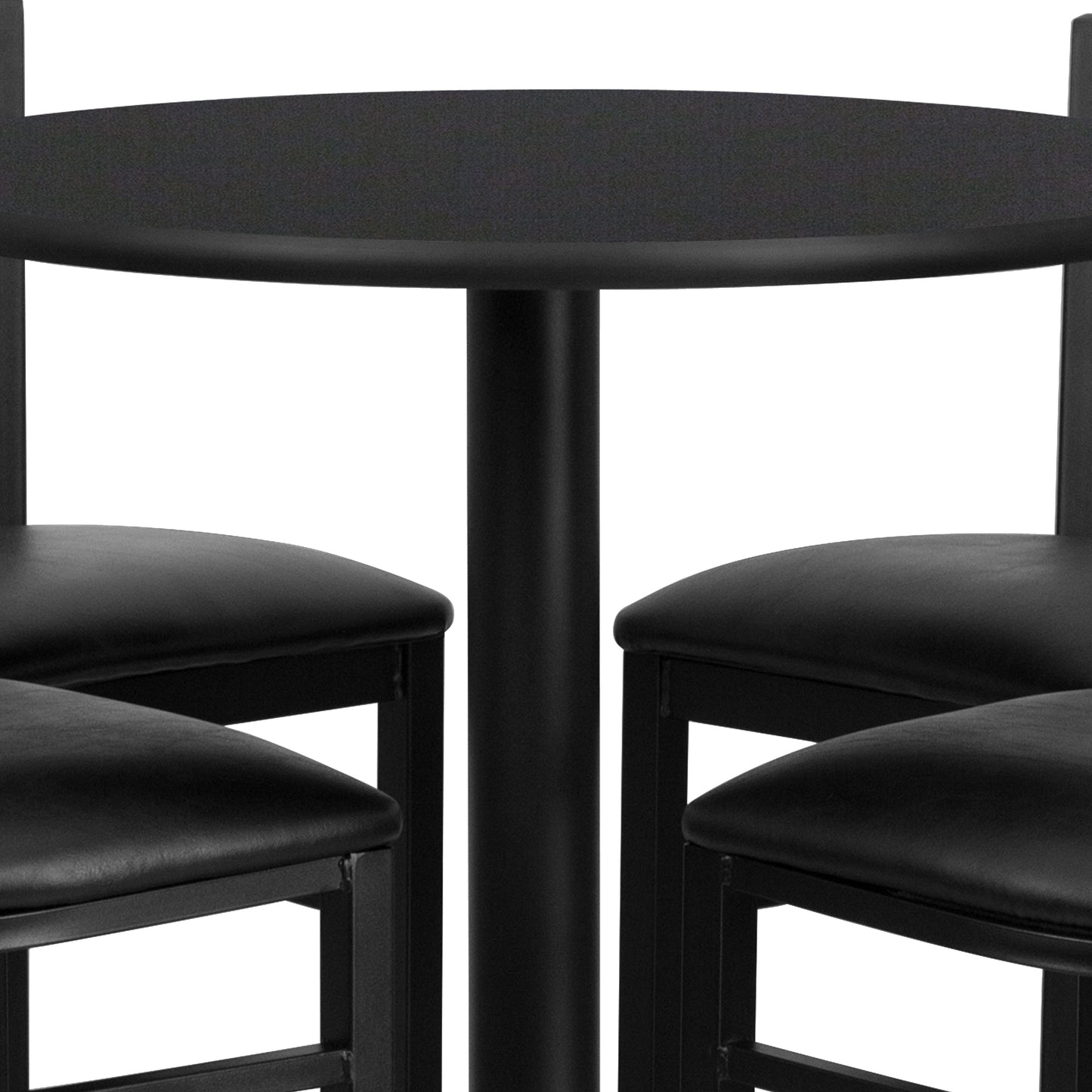 Carlton 30'' Round Black Laminate Table Set with X-Base and 4 Ladder Back Metal Barstools - Black Vinyl Seat Black Top/Black Vinyl Seat