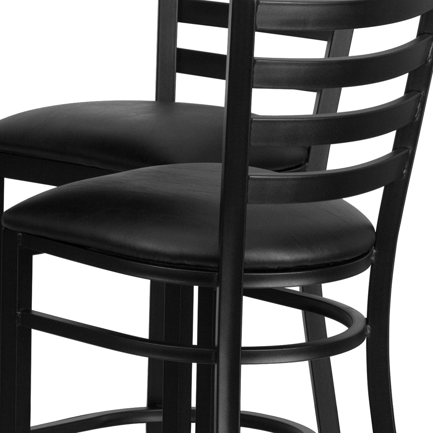 Carlton 30'' Round Black Laminate Table Set with X-Base and 4 Ladder Back Metal Barstools - Black Vinyl Seat Black Top/Black Vinyl Seat