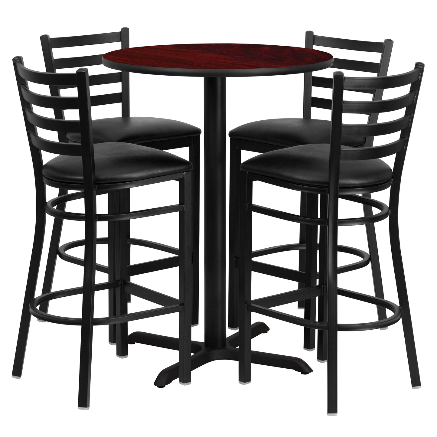 Carlton 30'' Round Mahogany Laminate Table Set with X-Base and 4 Ladder Back Metal Barstools - Black Vinyl Seat Mahogany Top/Black Vinyl Seat