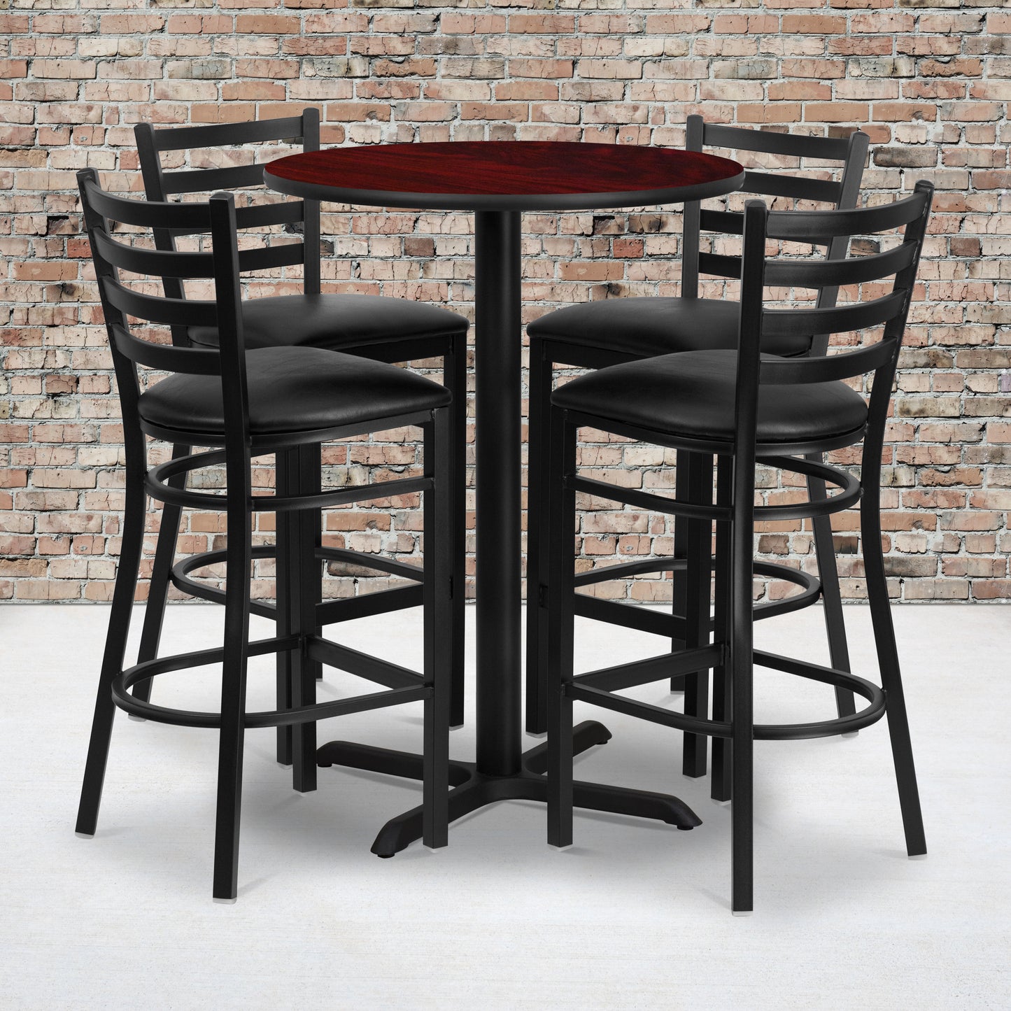 Carlton 30'' Round Mahogany Laminate Table Set with X-Base and 4 Ladder Back Metal Barstools - Black Vinyl Seat Mahogany Top/Black Vinyl Seat