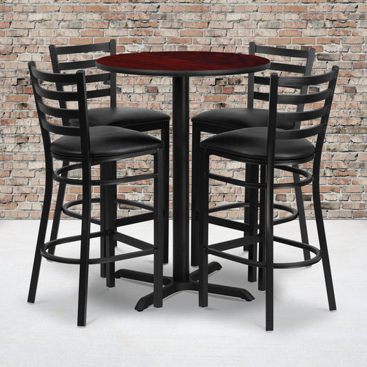 Carlton 30'' Round Mahogany Laminate Table Set with X-Base and 4 Ladder Back Metal Barstools - Black Vinyl Seat Mahogany Top/Black Vinyl Seat