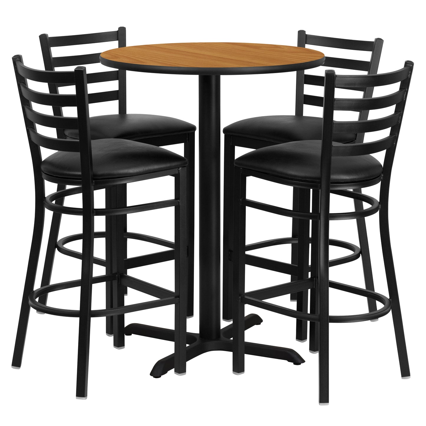 Carlton 30'' Round Natural Laminate Table Set with X-Base and 4 Ladder Back Metal Barstools - Black Vinyl Seat Natural Top/Black Vinyl Seat