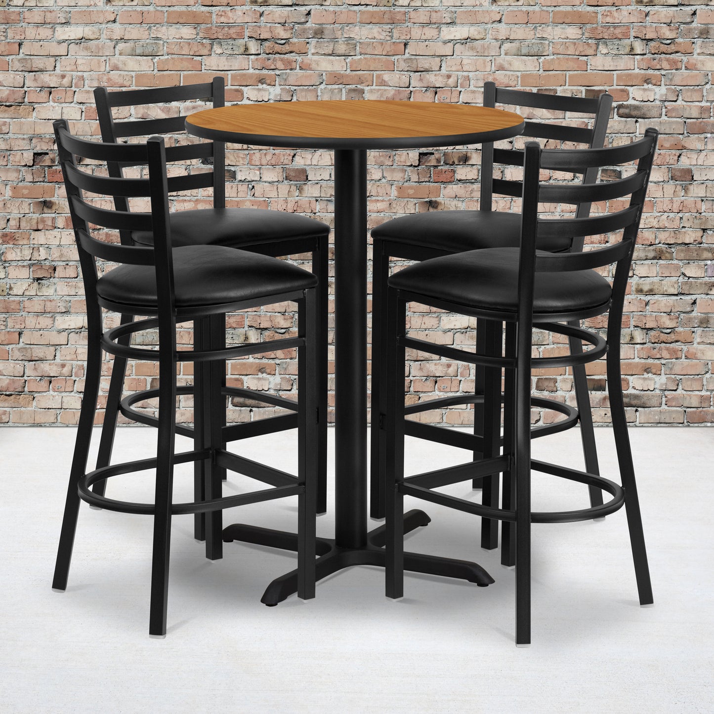 Carlton 30'' Round Natural Laminate Table Set with X-Base and 4 Ladder Back Metal Barstools - Black Vinyl Seat Natural Top/Black Vinyl Seat