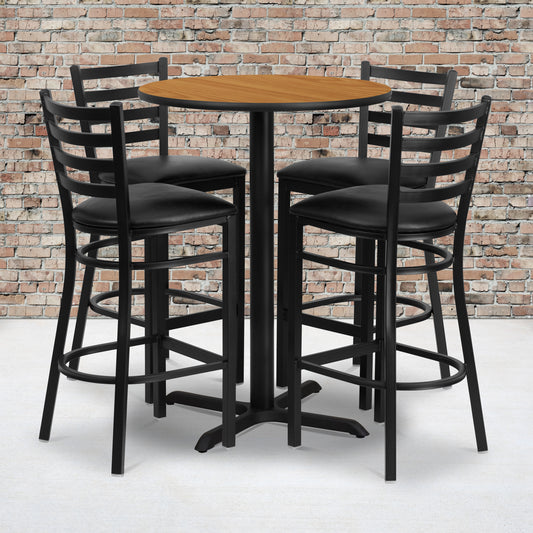 Carlton 30'' Round Natural Laminate Table Set with X-Base and 4 Ladder Back Metal Barstools - Black Vinyl Seat Natural Top/Black Vinyl Seat