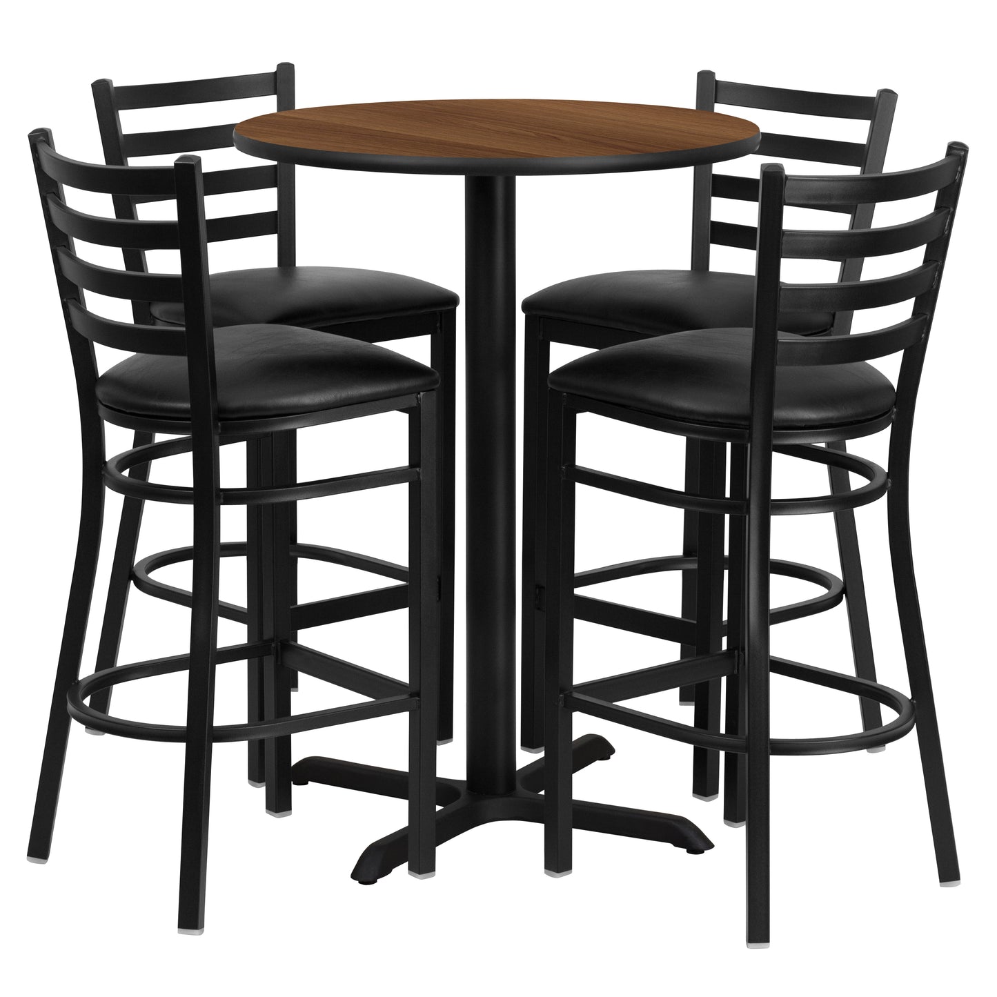 Carlton 30'' Round Walnut Laminate Table Set with X-Base and 4 Ladder Back Metal Barstools - Black Vinyl Seat Walnut Top/Black Vinyl Seat