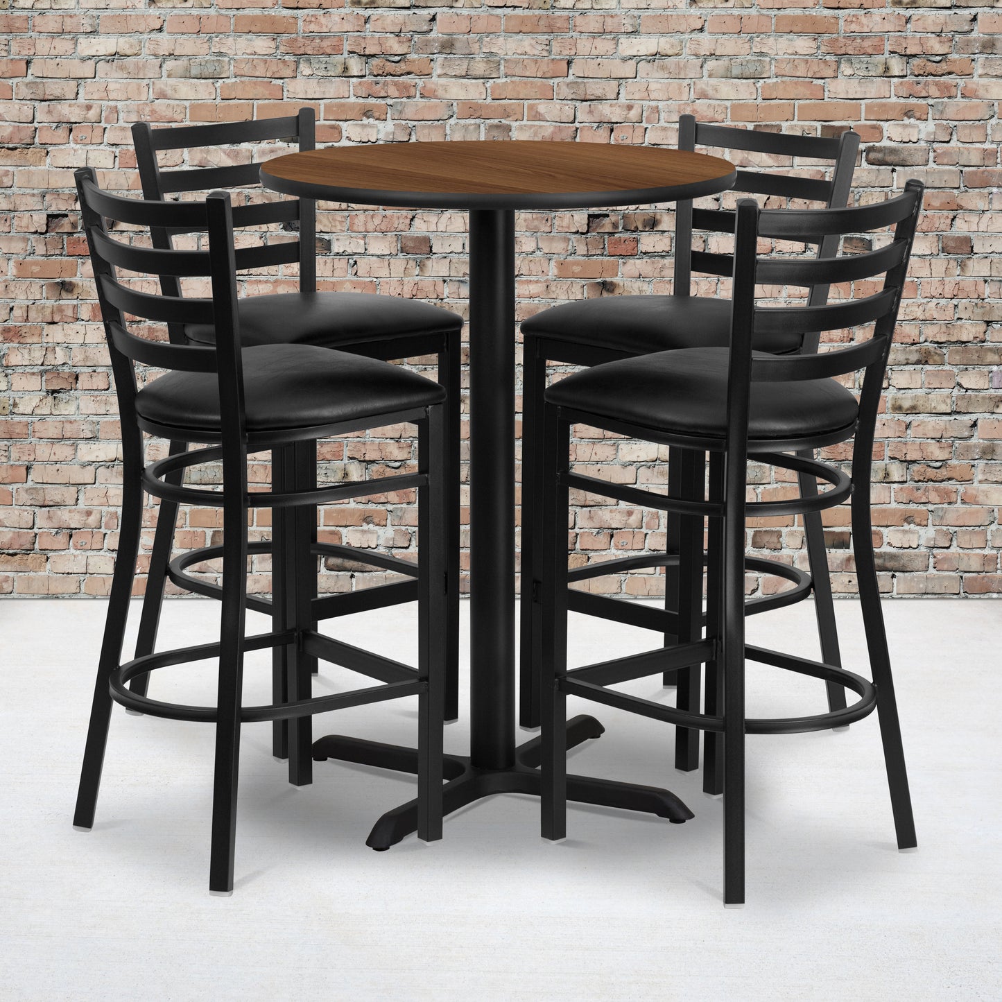 Carlton 30'' Round Walnut Laminate Table Set with X-Base and 4 Ladder Back Metal Barstools - Black Vinyl Seat Walnut Top/Black Vinyl Seat