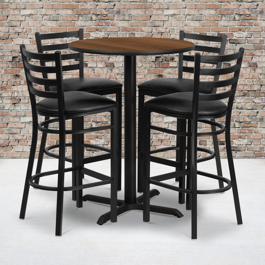 Carlton 30'' Round Walnut Laminate Table Set with X-Base and 4 Ladder Back Metal Barstools - Black Vinyl Seat Walnut Top/Black Vinyl Seat