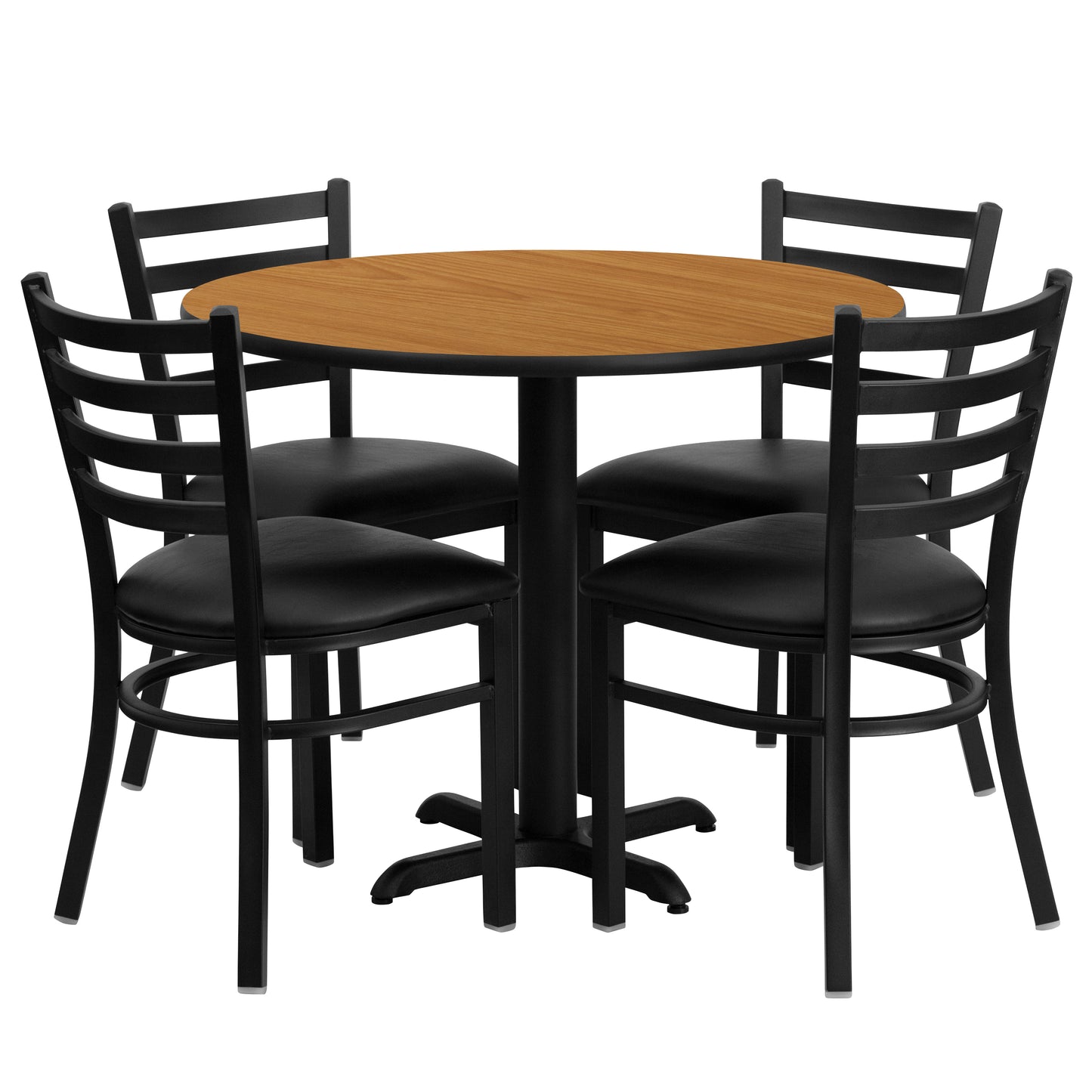 Carlton 36'' Round Natural Laminate Table Set with X-Base and 4 Ladder Back Metal Chairs - Black Vinyl Seat Natural Top/Black Vinyl Seat