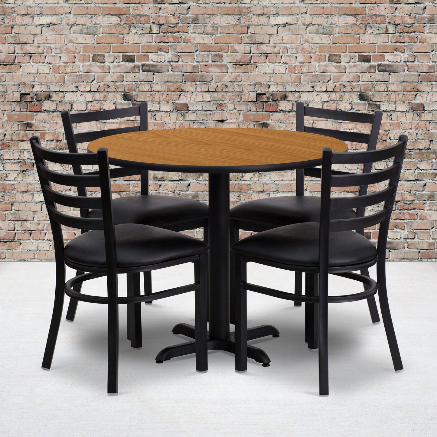 Carlton 36'' Round Natural Laminate Table Set with X-Base and 4 Ladder Back Metal Chairs - Black Vinyl Seat Natural Top/Black Vinyl Seat