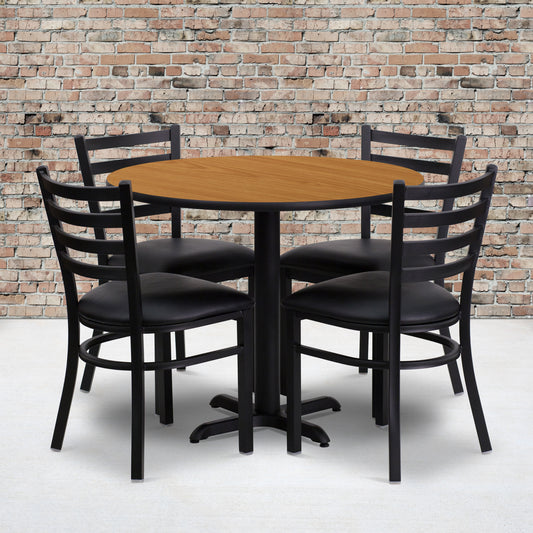 Carlton 36'' Round Natural Laminate Table Set with X-Base and 4 Ladder Back Metal Chairs - Black Vinyl Seat Natural Top/Black Vinyl Seat