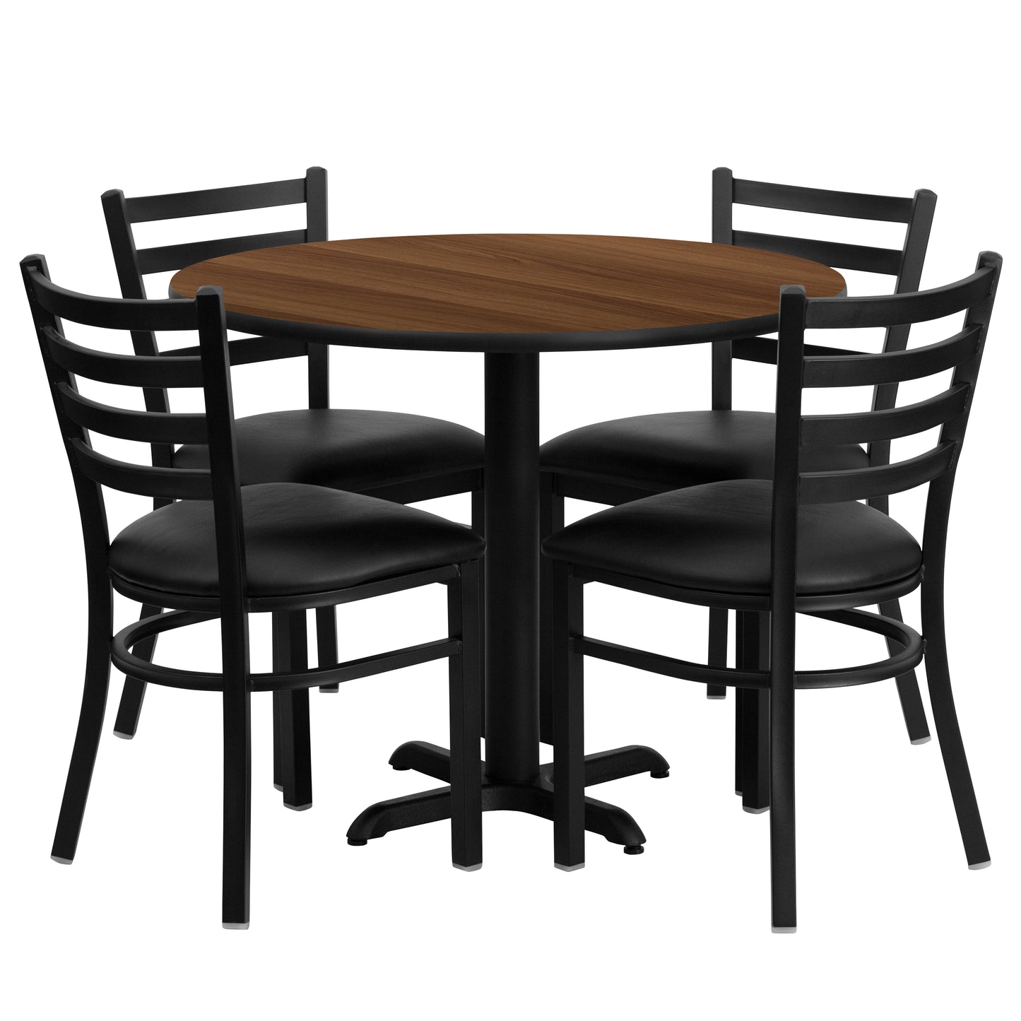 Carlton 36'' Round Walnut Laminate Table Set with X-Base and 4 Ladder Back Metal Chairs - Black Vinyl Seat Walnut Top/Black Vinyl Seat