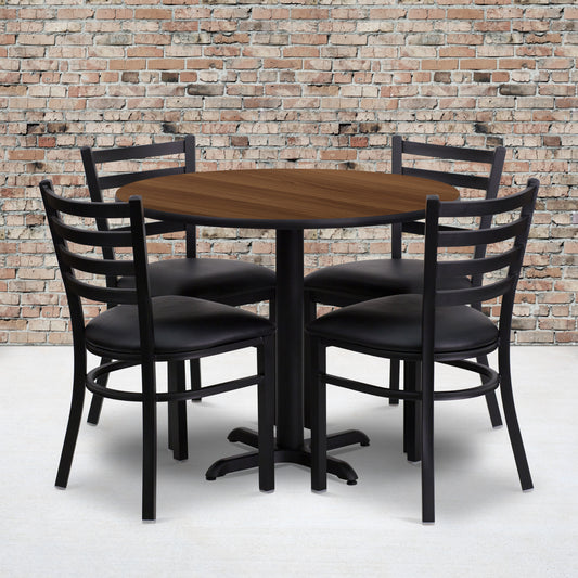 Carlton 36'' Round Walnut Laminate Table Set with X-Base and 4 Ladder Back Metal Chairs - Black Vinyl Seat Walnut Top/Black Vinyl Seat