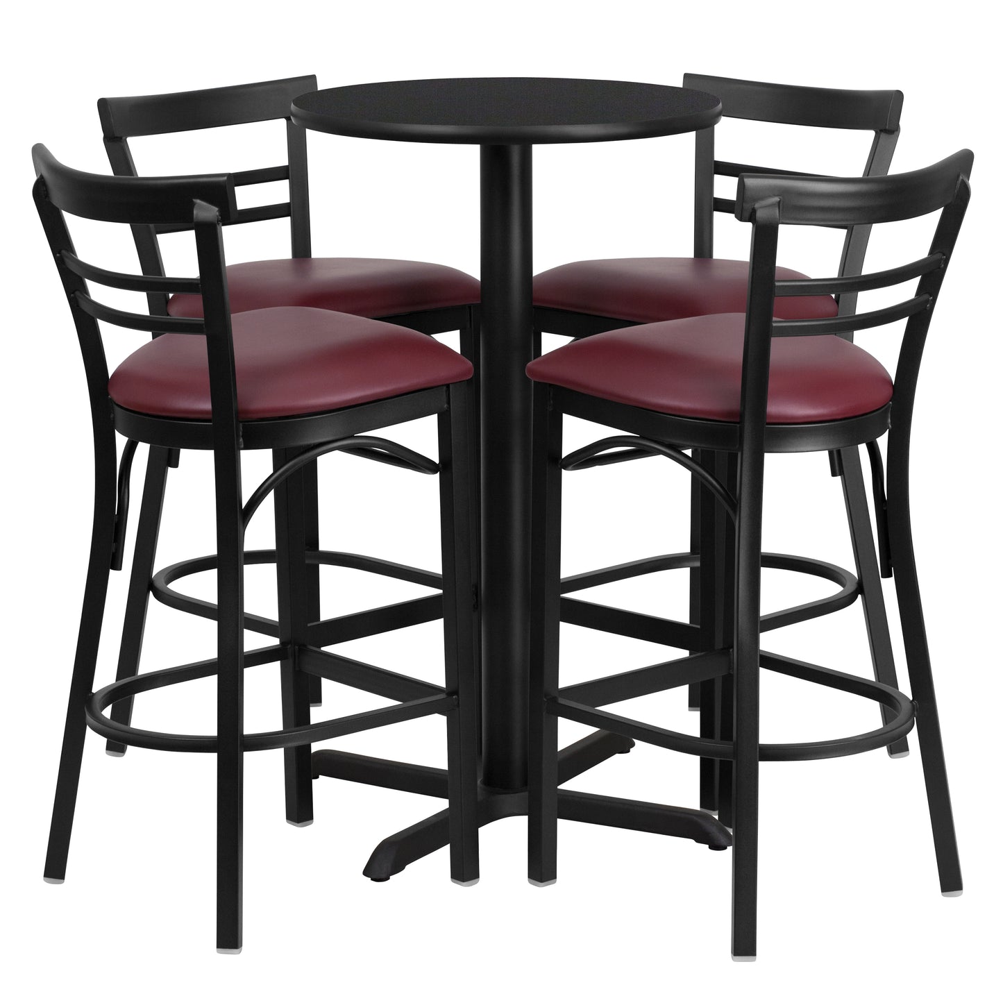 Carlton 24'' Round Black Laminate Table Set with X-Base and 4 Two-Slat Ladder Back Metal Barstools - Burgundy Vinyl Seat Black Top/Burgundy Vinyl Seat HDBF1037-GG