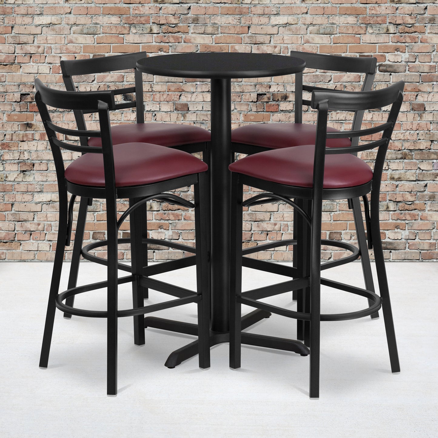 Carlton 24'' Round Black Laminate Table Set with X-Base and 4 Two-Slat Ladder Back Metal Barstools - Burgundy Vinyl Seat Black Top/Burgundy Vinyl Seat HDBF1037-GG