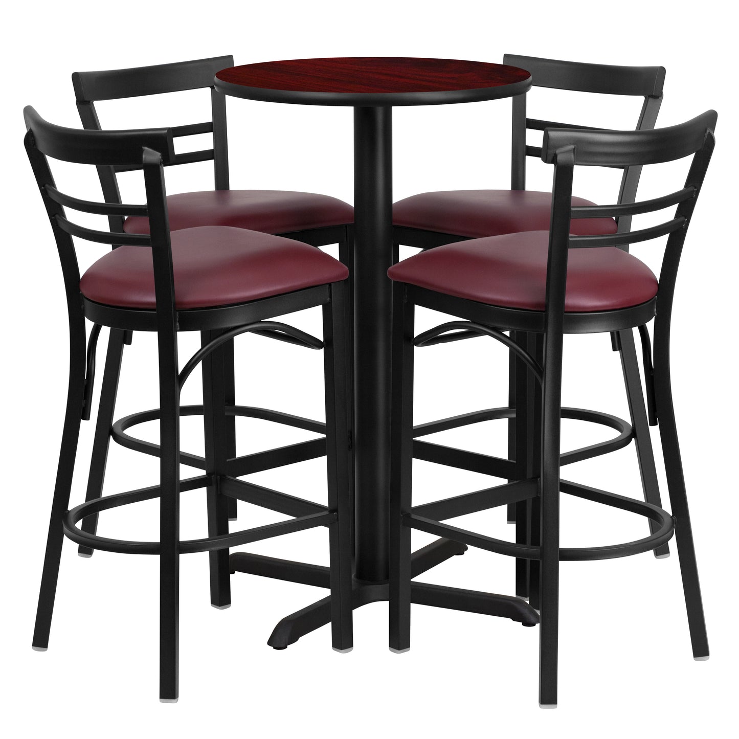 Carlton 24'' Round Mahogany Laminate Table Set with X-Base and 4 Two-Slat Ladder Back Metal Barstools - Burgundy Vinyl Seat Mahogany Top/Burgundy Vinyl Seat HDBF1038-GG