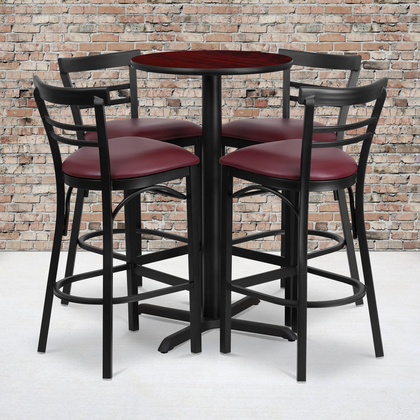 Carlton 24'' Round Mahogany Laminate Table Set with X-Base and 4 Two-Slat Ladder Back Metal Barstools - Burgundy Vinyl Seat Mahogany Top/Burgundy Vinyl Seat HDBF1038-GG