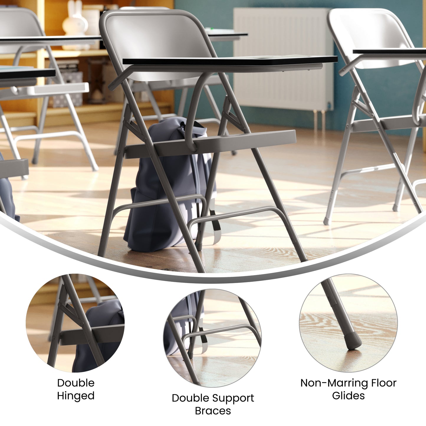 Ralph Premium Steel Folding Chair with Right Handed Tablet Arm Beige