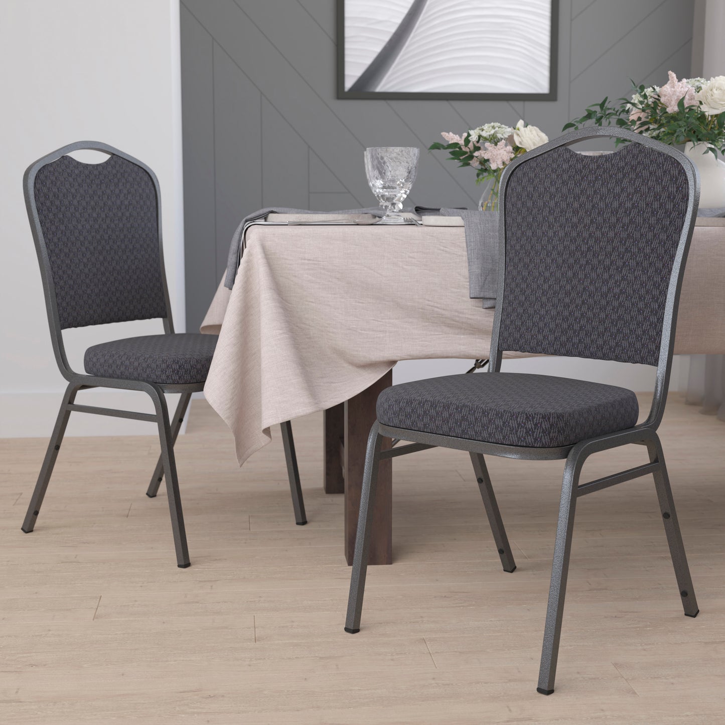 HERCULES Series Crown Back Stacking Banquet Chair in Black Patterned Fabric - Silver Vein Frame Black Patterned Fabric/Silver Vein Frame