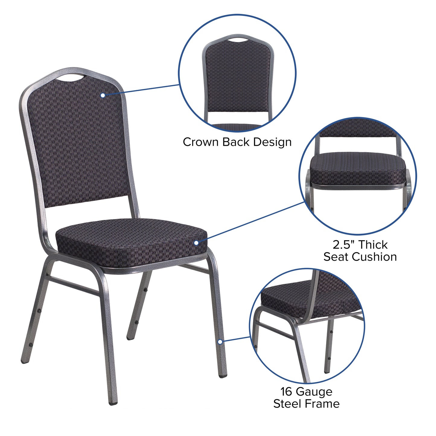 HERCULES Series Crown Back Stacking Banquet Chair in Black Patterned Fabric - Silver Vein Frame Black Patterned Fabric/Silver Vein Frame