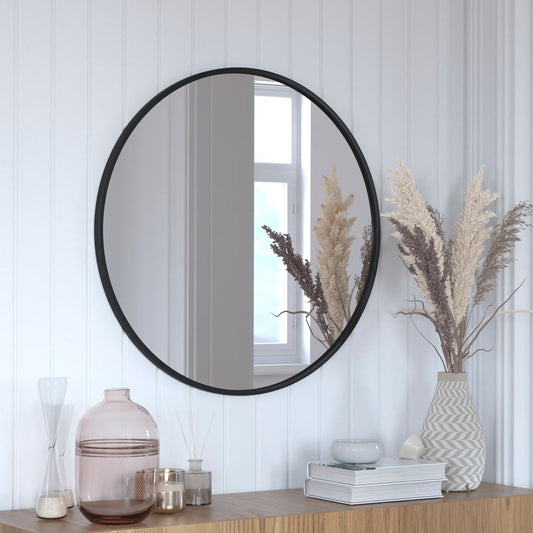 Julianne 30" Round Black Metal Framed Wall Mirror - Large Accent Mirror for Bathroom, Vanity, Entryway, Dining Room, & Living Room Black HFKHD-0GD-CRE8-812315-GG