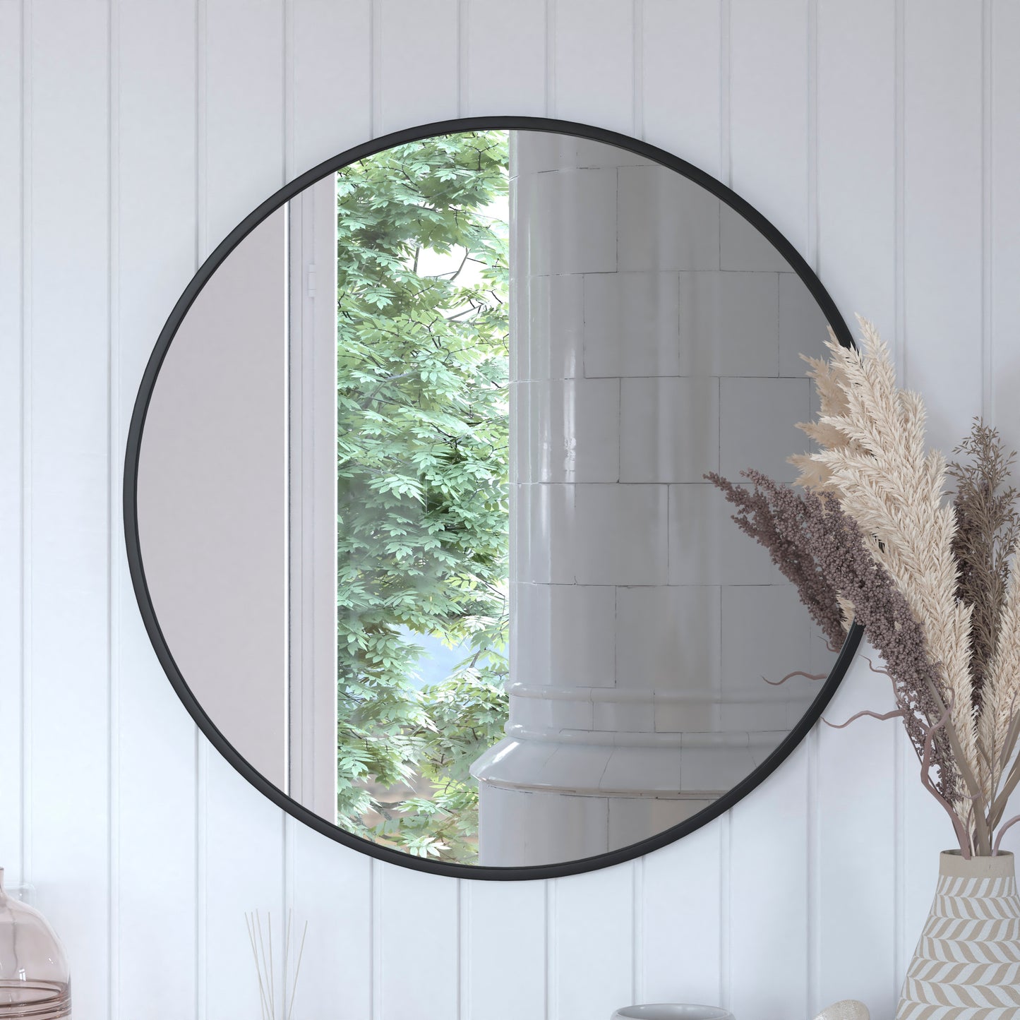 Julianne 30" Round Black Metal Framed Wall Mirror - Large Accent Mirror for Bathroom, Vanity, Entryway, Dining Room, & Living Room Black