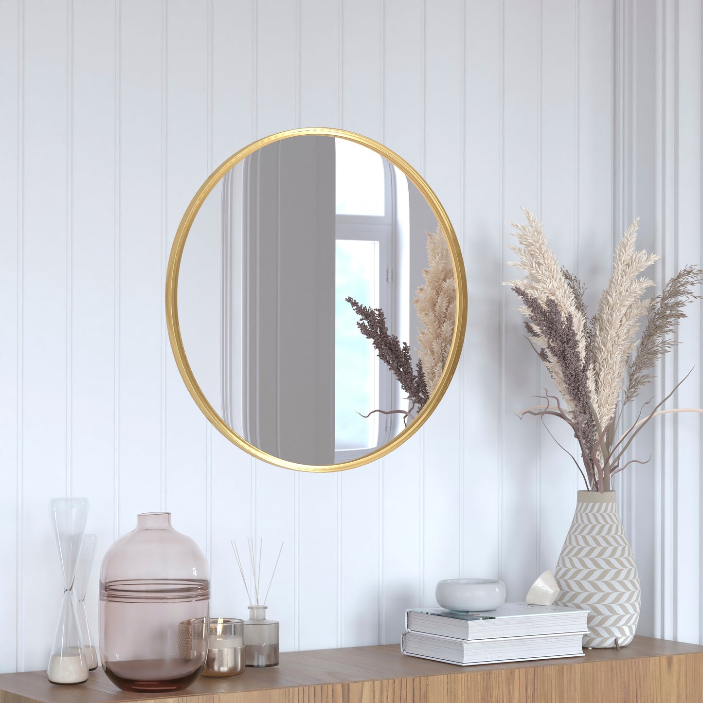 Julianne 24" Round Gold Metal Framed Wall Mirror - Large Accent Mirror for Bathroom, Vanity, Entryway, Dining Room, & Living Room Gold HFKHD-4GD-CRE8-391315-GG