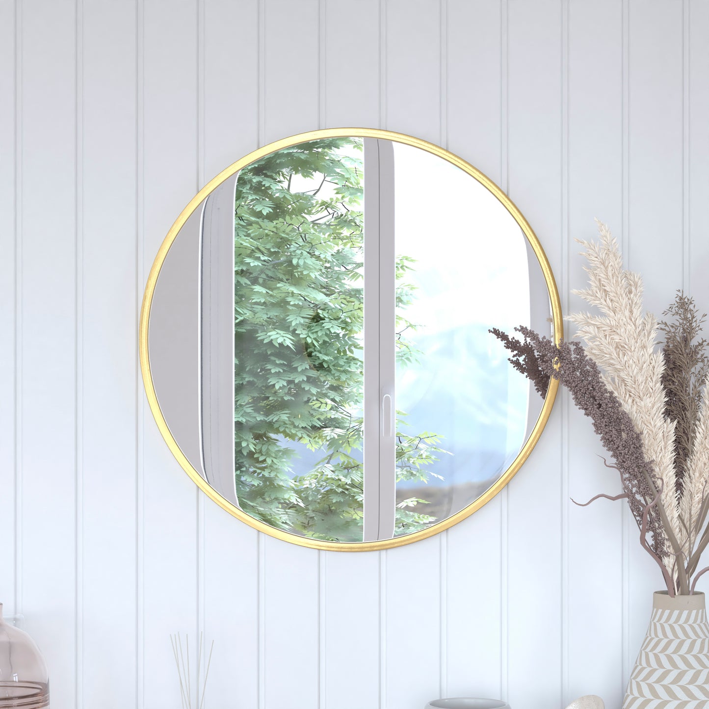 Julianne 24" Round Gold Metal Framed Wall Mirror - Large Accent Mirror for Bathroom, Vanity, Entryway, Dining Room, & Living Room Gold HFKHD-4GD-CRE8-391315-GG