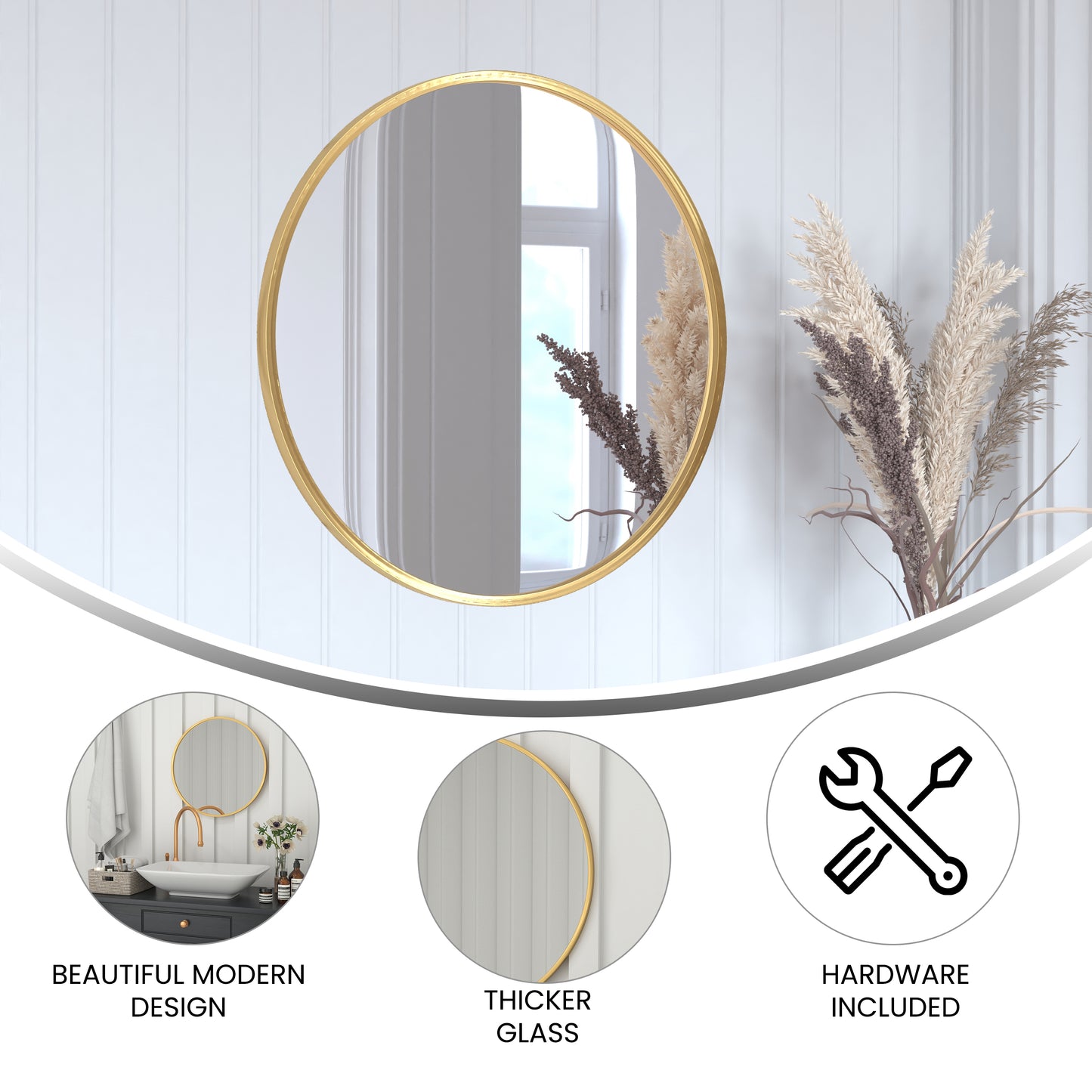 Julianne 24" Round Gold Metal Framed Wall Mirror - Large Accent Mirror for Bathroom, Vanity, Entryway, Dining Room, & Living Room Gold HFKHD-4GD-CRE8-391315-GG