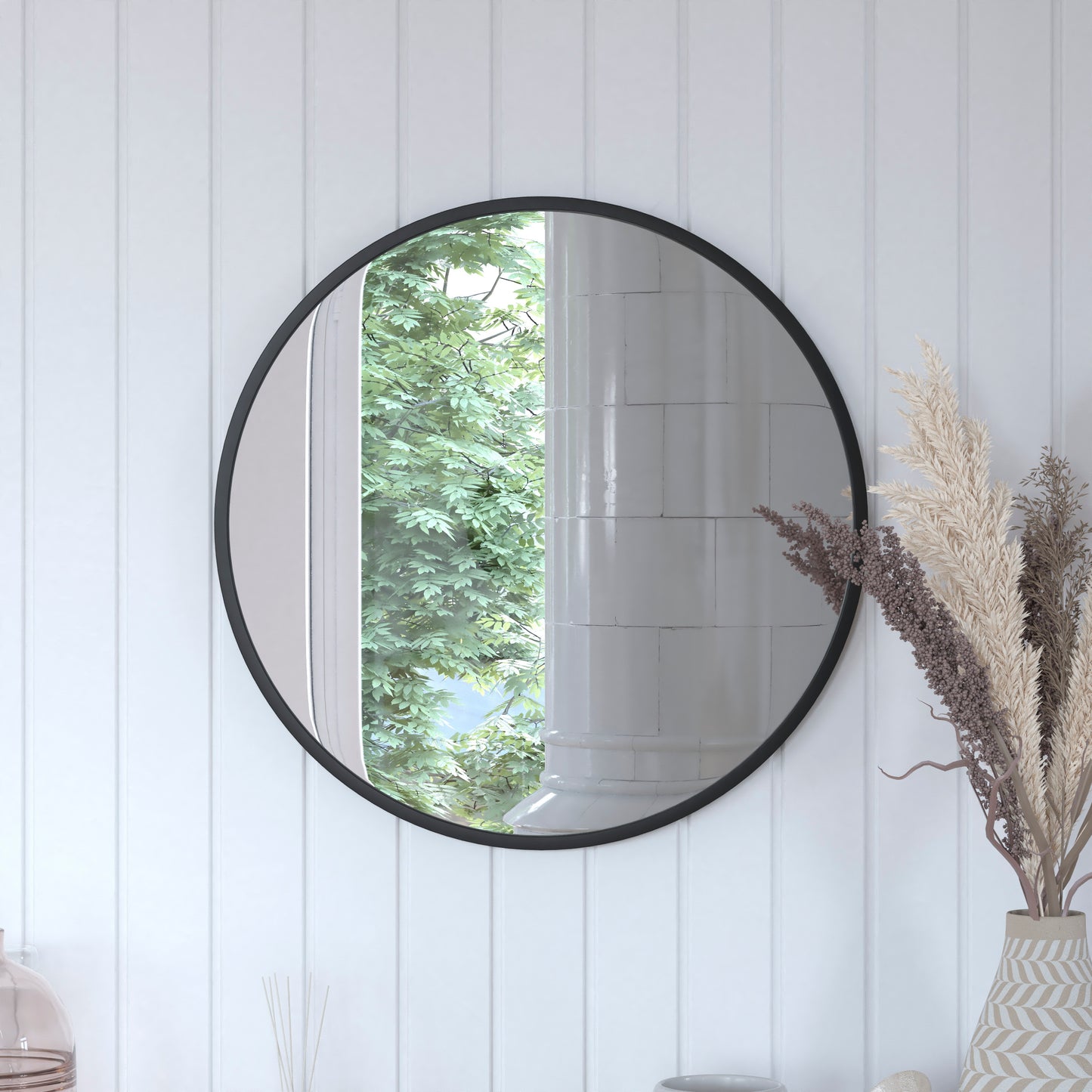 Julianne 24" Round Black Metal Framed Wall Mirror - Large Accent Mirror for Bathroom, Vanity, Entryway, Dining Room, & Living Room Black