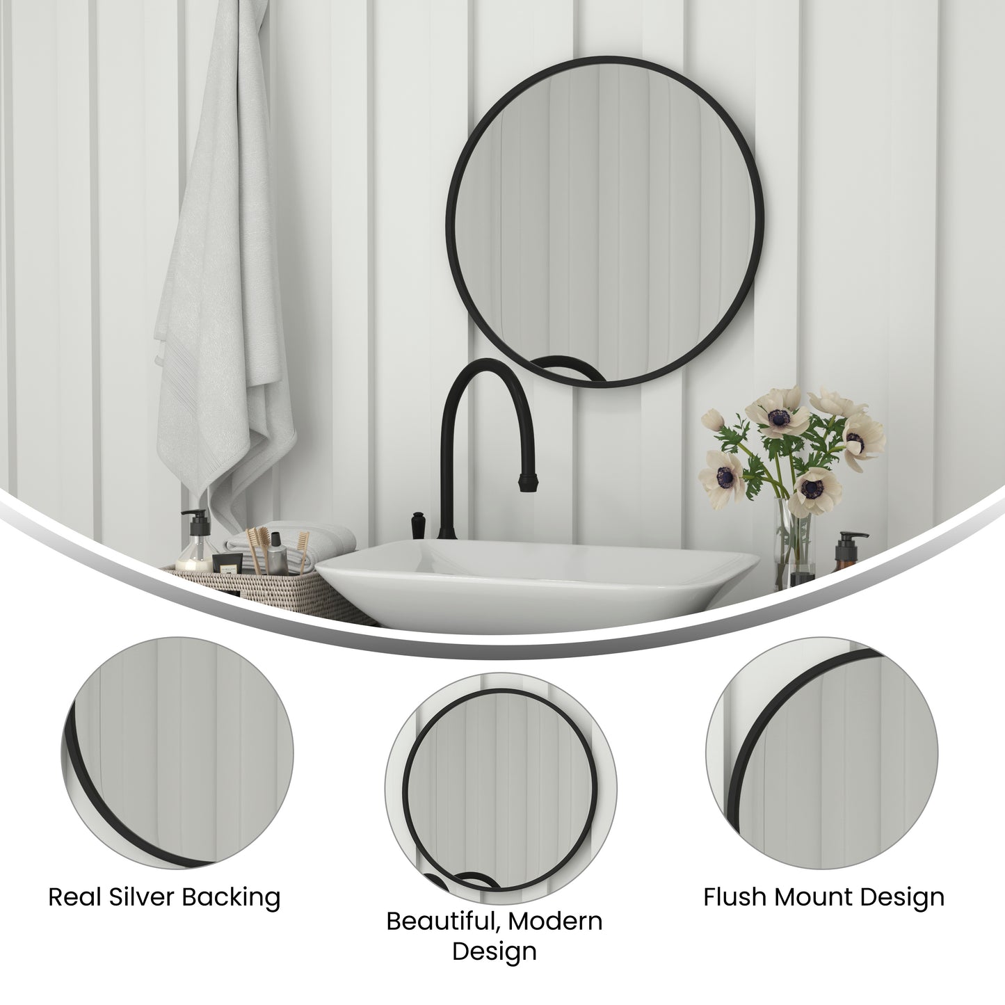 Julianne 24" Round Black Metal Framed Wall Mirror - Large Accent Mirror for Bathroom, Vanity, Entryway, Dining Room, & Living Room Black