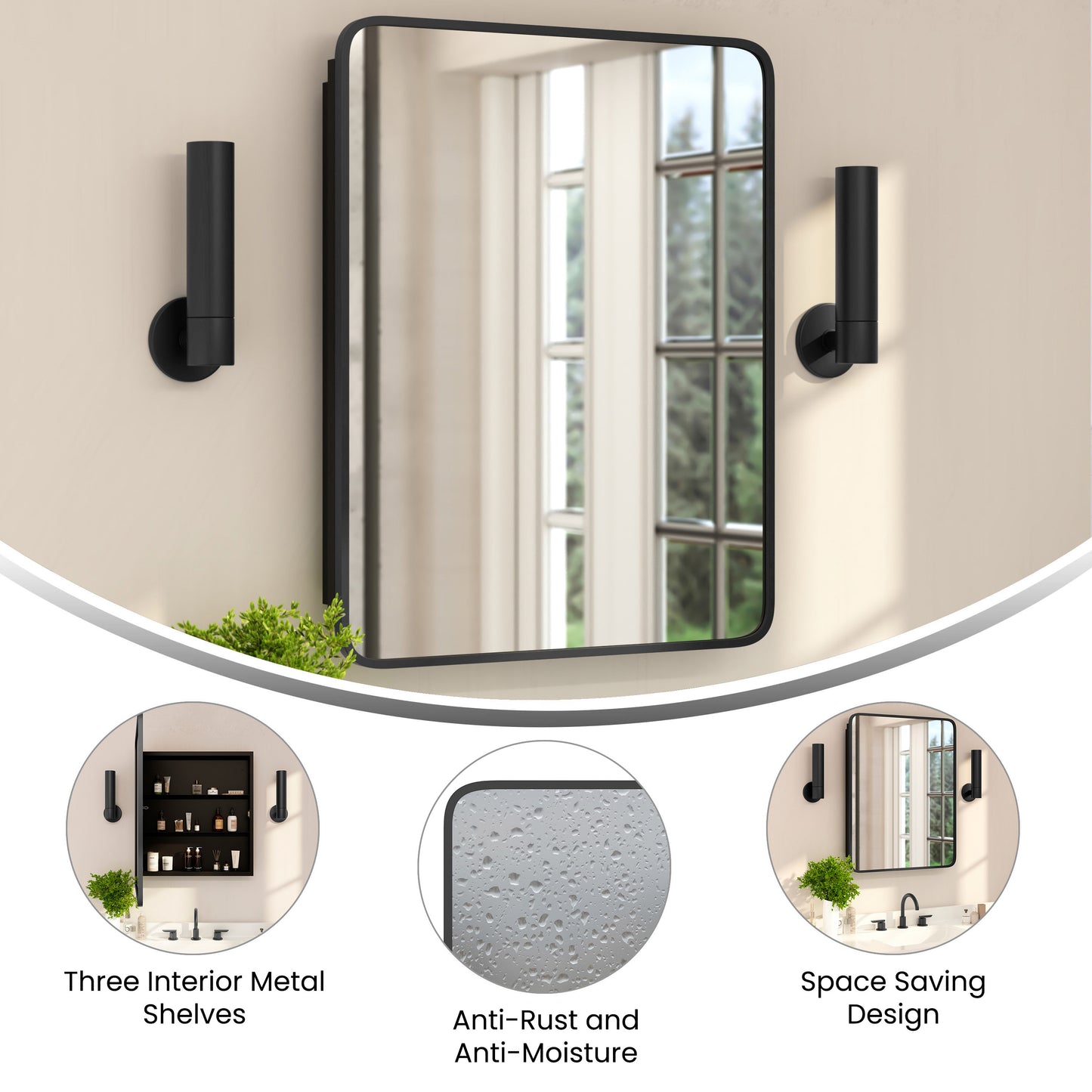 Jolie 24" x 30" Recessed Bathroom Medicine Cabinet with Rounded Beveled Mirror and Reversible Metal Frame in Black Black