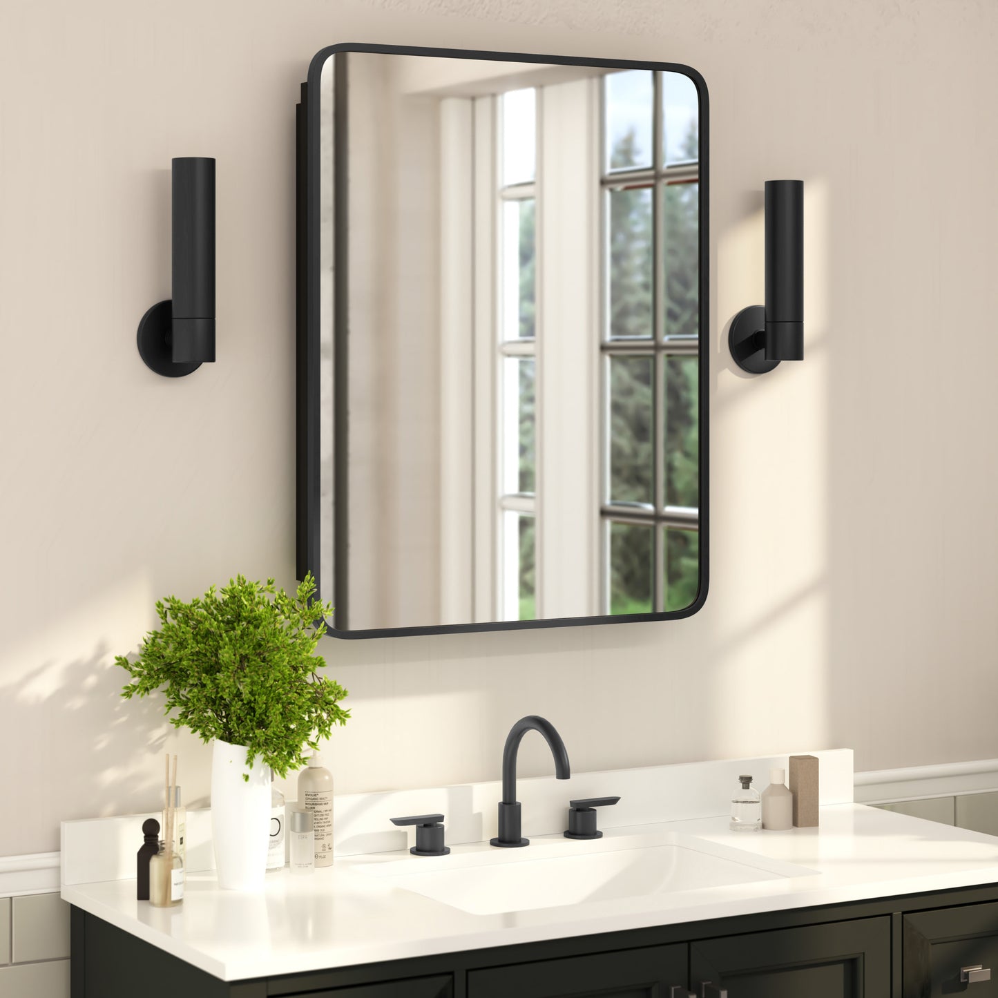 Jolie 24" x 30" Recessed Bathroom Medicine Cabinet with Rounded Beveled Mirror and Reversible Metal Frame in Black Black