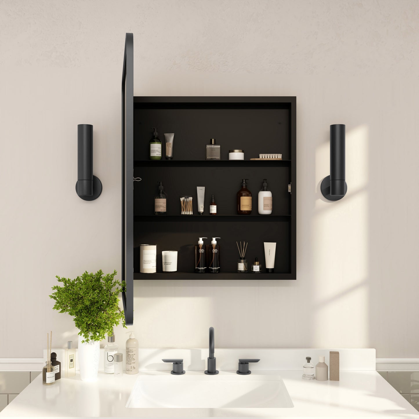 Jolie 24" x 30" Recessed Bathroom Medicine Cabinet with Rounded Beveled Mirror and Reversible Metal Frame in Black Black