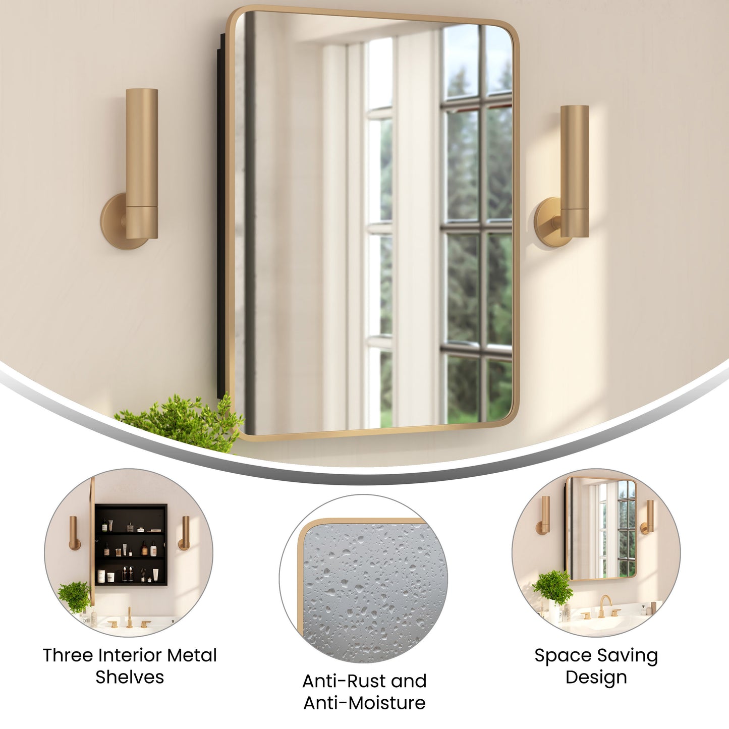 Jolie 24" x 30" Recessed Bathroom Medicine Cabinet with Rounded Beveled Mirror and Reversible Metal Frame in Gold Gold