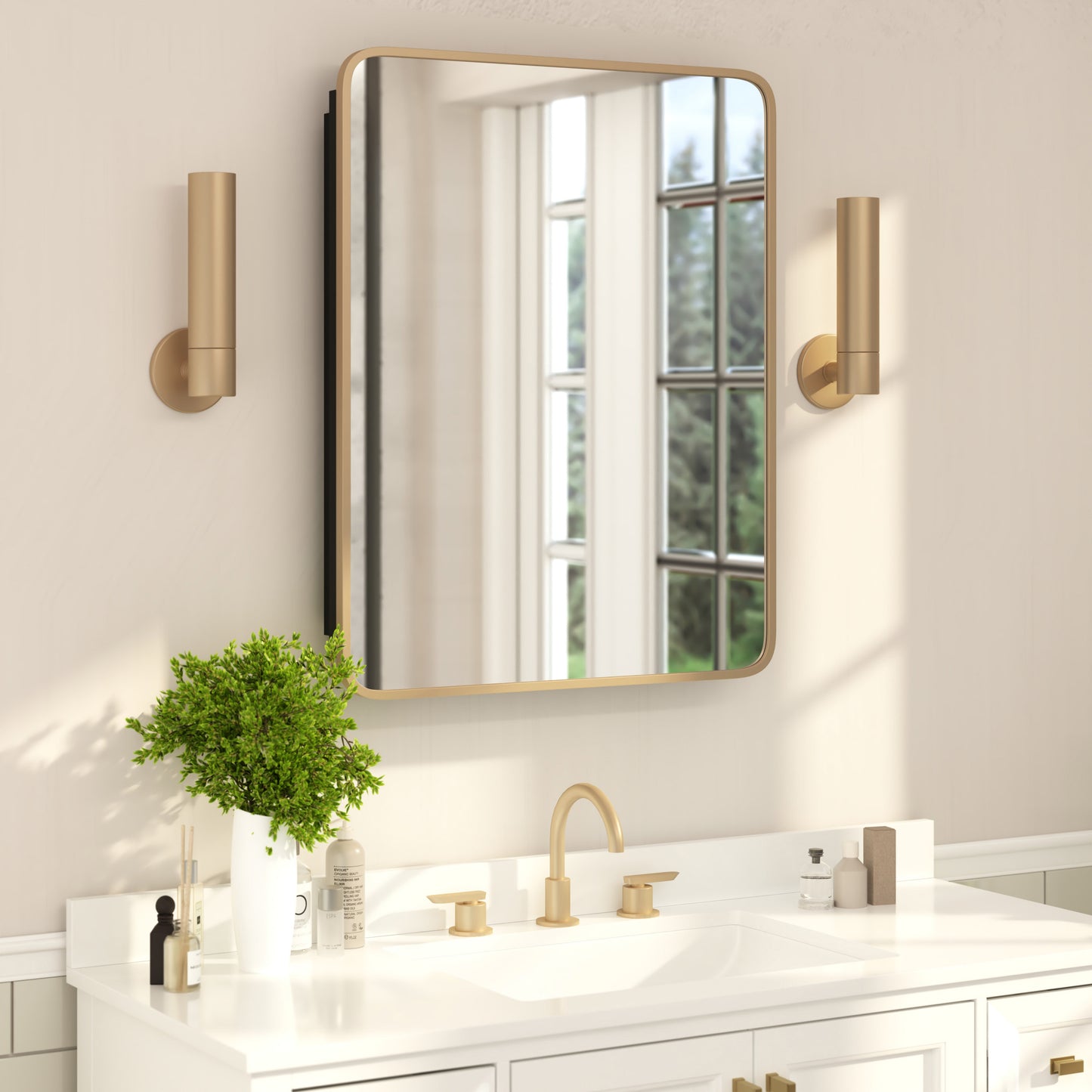 Jolie 24" x 30" Recessed Bathroom Medicine Cabinet with Rounded Beveled Mirror and Reversible Metal Frame in Gold Gold