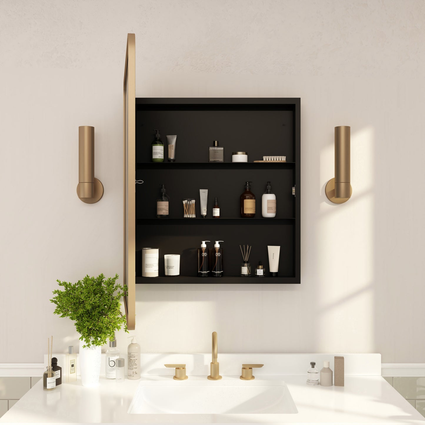 Jolie 24" x 30" Recessed Bathroom Medicine Cabinet with Rounded Beveled Mirror and Reversible Metal Frame in Gold Gold