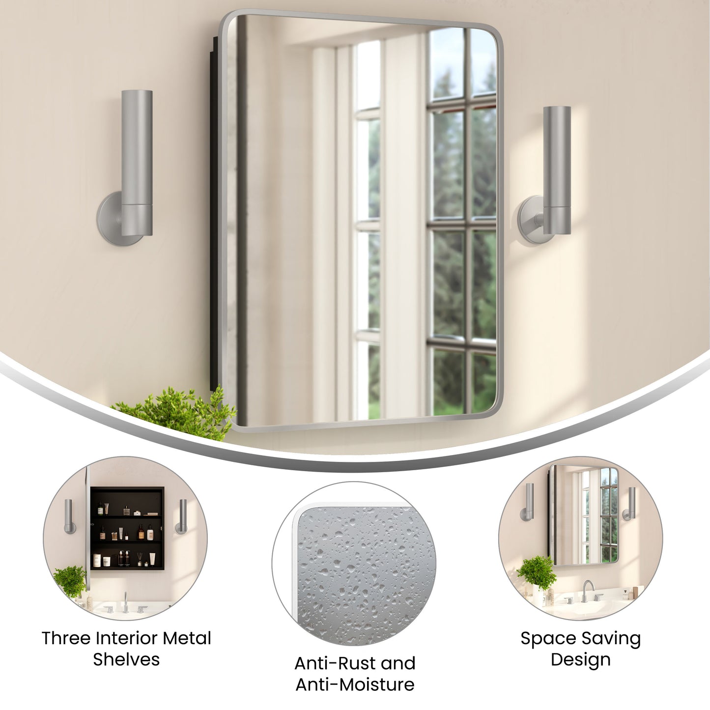 Jolie 24" x 30" Recessed Bathroom Medicine Cabinet with Rounded Beveled Mirror and Reversible Metal Frame in Silver Silver HFKHD-FM23C0401-L-SLV-GG