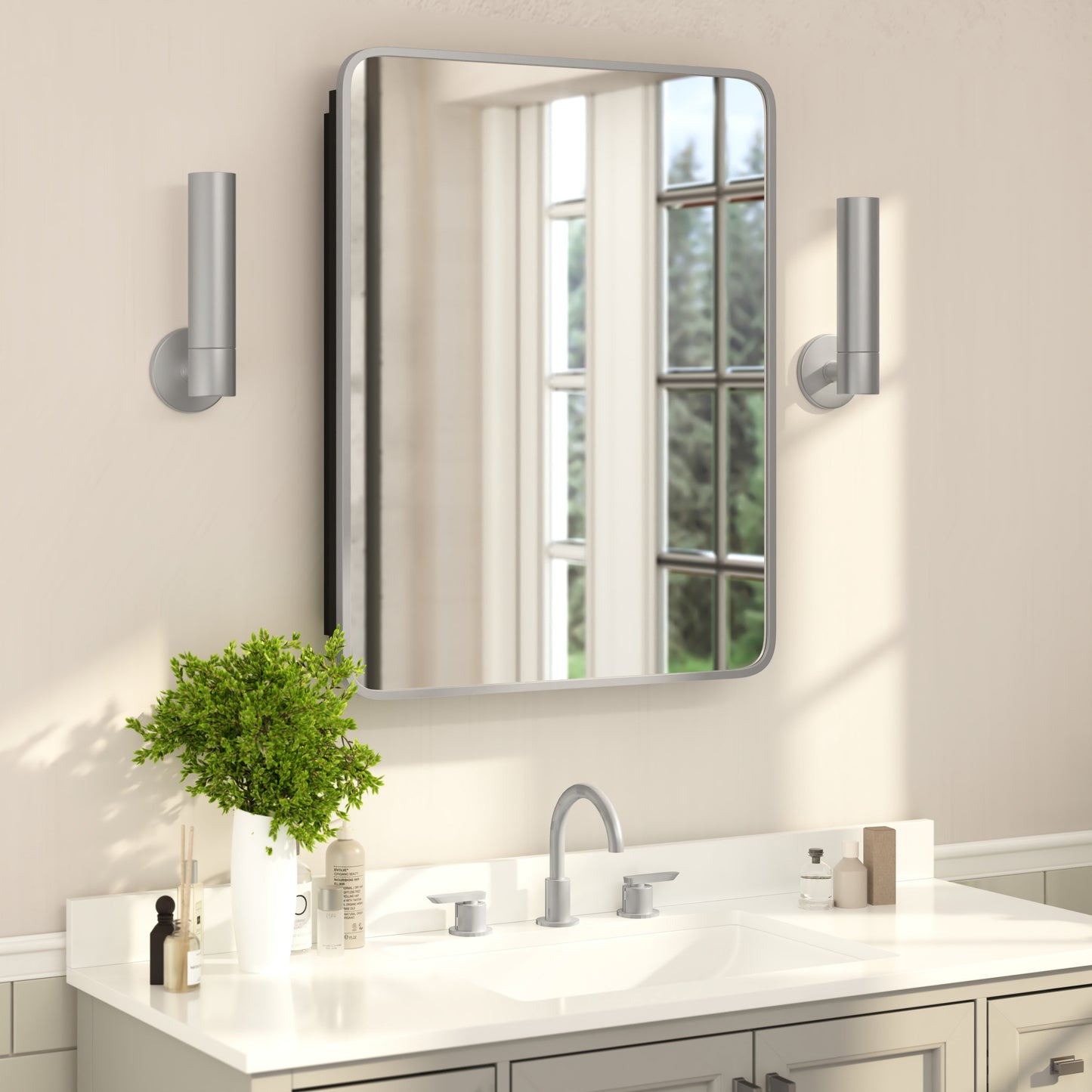 Jolie 24" x 30" Recessed Bathroom Medicine Cabinet with Rounded Beveled Mirror and Reversible Metal Frame in Silver Silver HFKHD-FM23C0401-L-SLV-GG