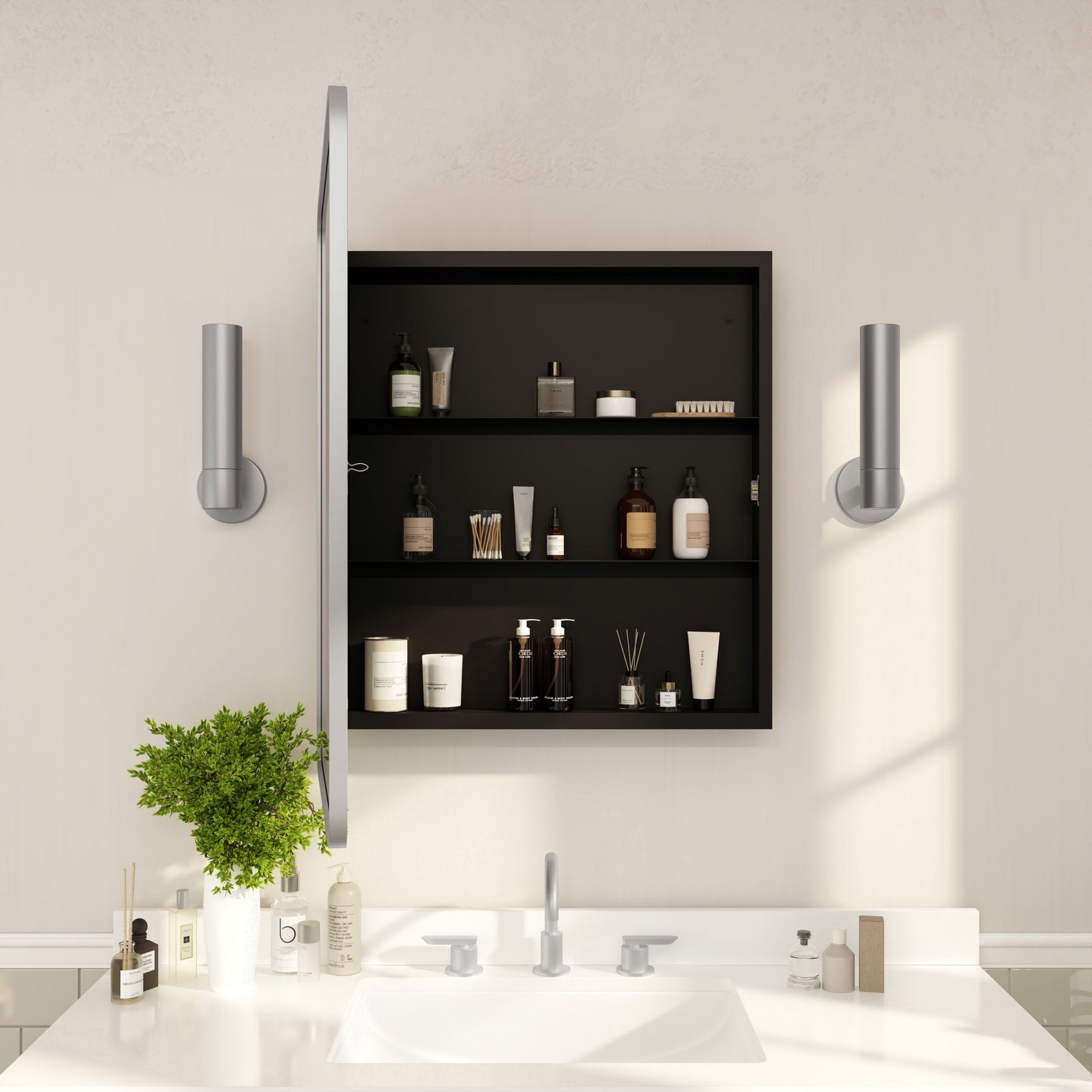 Jolie 24" x 30" Recessed Bathroom Medicine Cabinet with Rounded Beveled Mirror and Reversible Metal Frame in Silver Silver HFKHD-FM23C0401-L-SLV-GG
