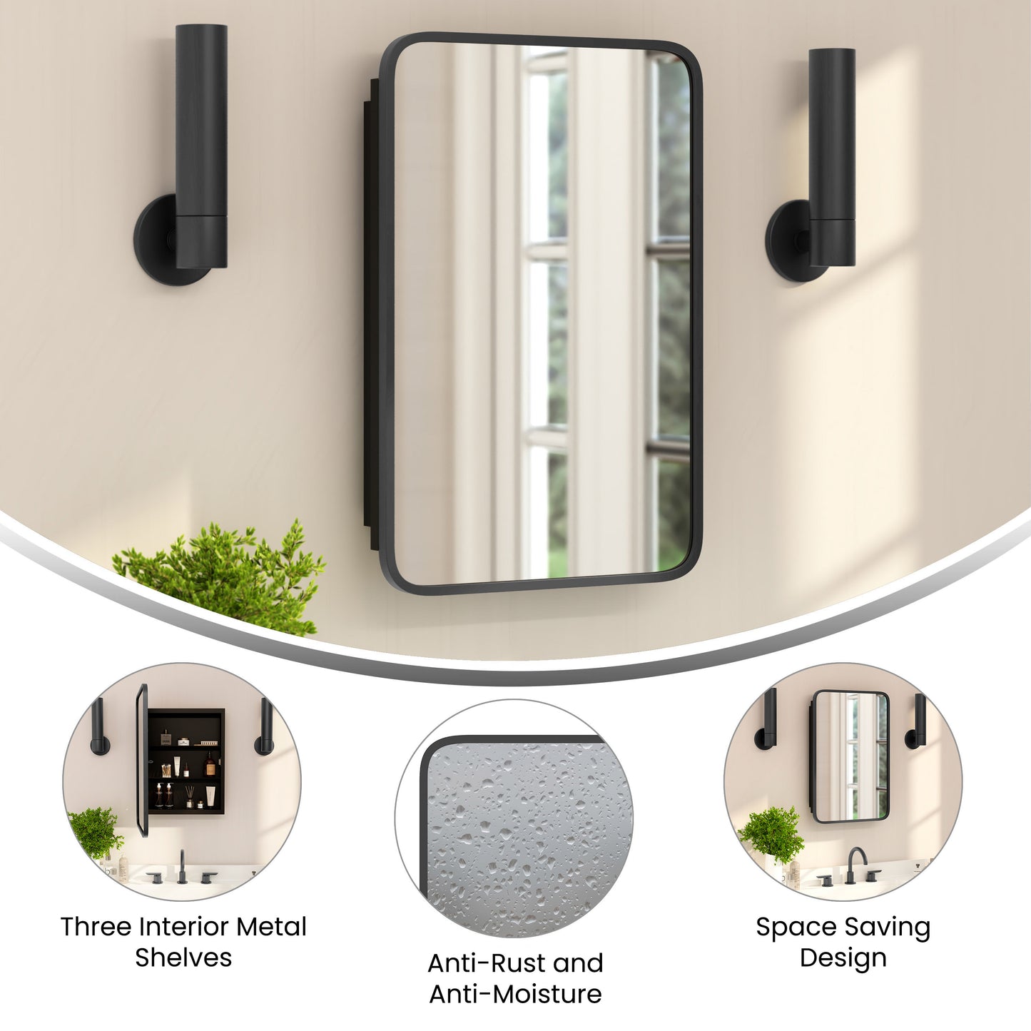 Jolie 16" x 24" Recessed Bathroom Medicine Cabinet with Rounded Beveled Mirror and Reversible Metal Frame in Black Black