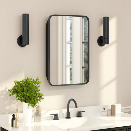 Jolie 16" x 24" Recessed Bathroom Medicine Cabinet with Rounded Beveled Mirror and Reversible Metal Frame in Black Black