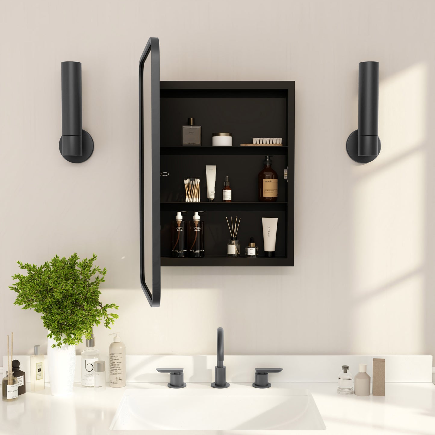 Jolie 16" x 24" Recessed Bathroom Medicine Cabinet with Rounded Beveled Mirror and Reversible Metal Frame in Black Black