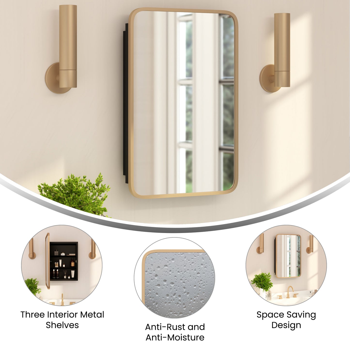 Jolie 16" x 24" Recessed Bathroom Medicine Cabinet with Rounded Beveled Mirror and Reversible Metal Frame in Gold Gold