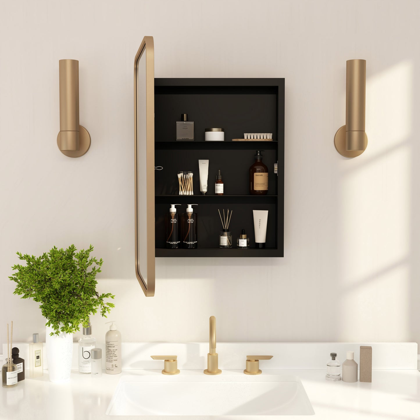 Jolie 16" x 24" Recessed Bathroom Medicine Cabinet with Rounded Beveled Mirror and Reversible Metal Frame in Gold Gold