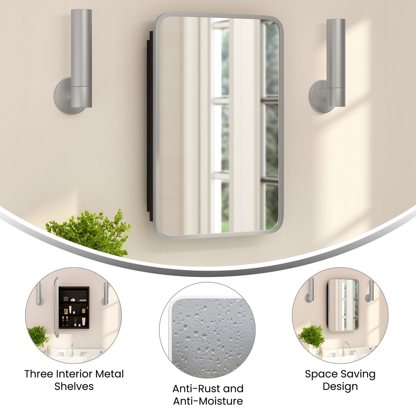 Jolie 16" x 24" Recessed Bathroom Medicine Cabinet with Rounded Beveled Mirror and Reversible Metal Frame in Silver Silver