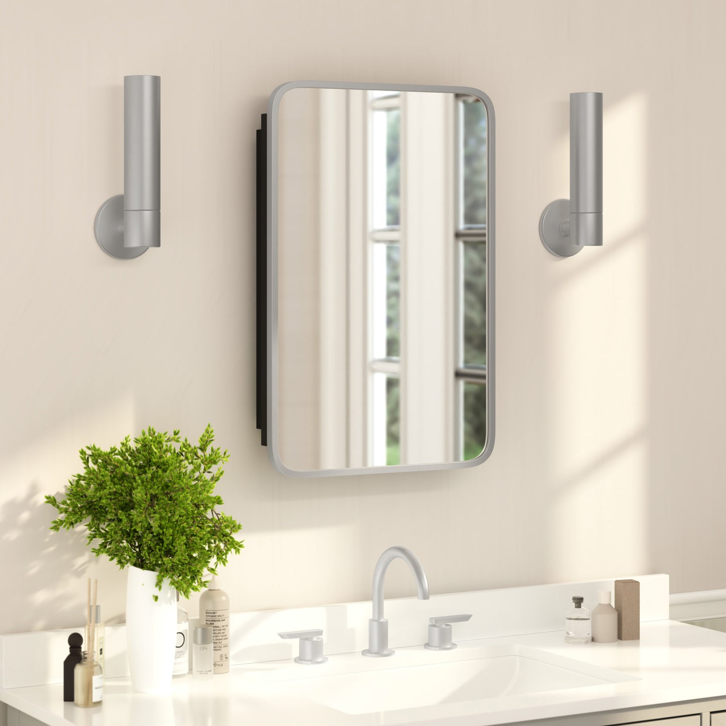 Jolie 16" x 24" Recessed Bathroom Medicine Cabinet with Rounded Beveled Mirror and Reversible Metal Frame in Silver Silver