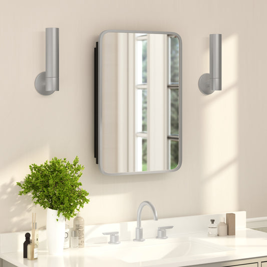 Jolie 16" x 24" Recessed Bathroom Medicine Cabinet with Rounded Beveled Mirror and Reversible Metal Frame in Silver Silver